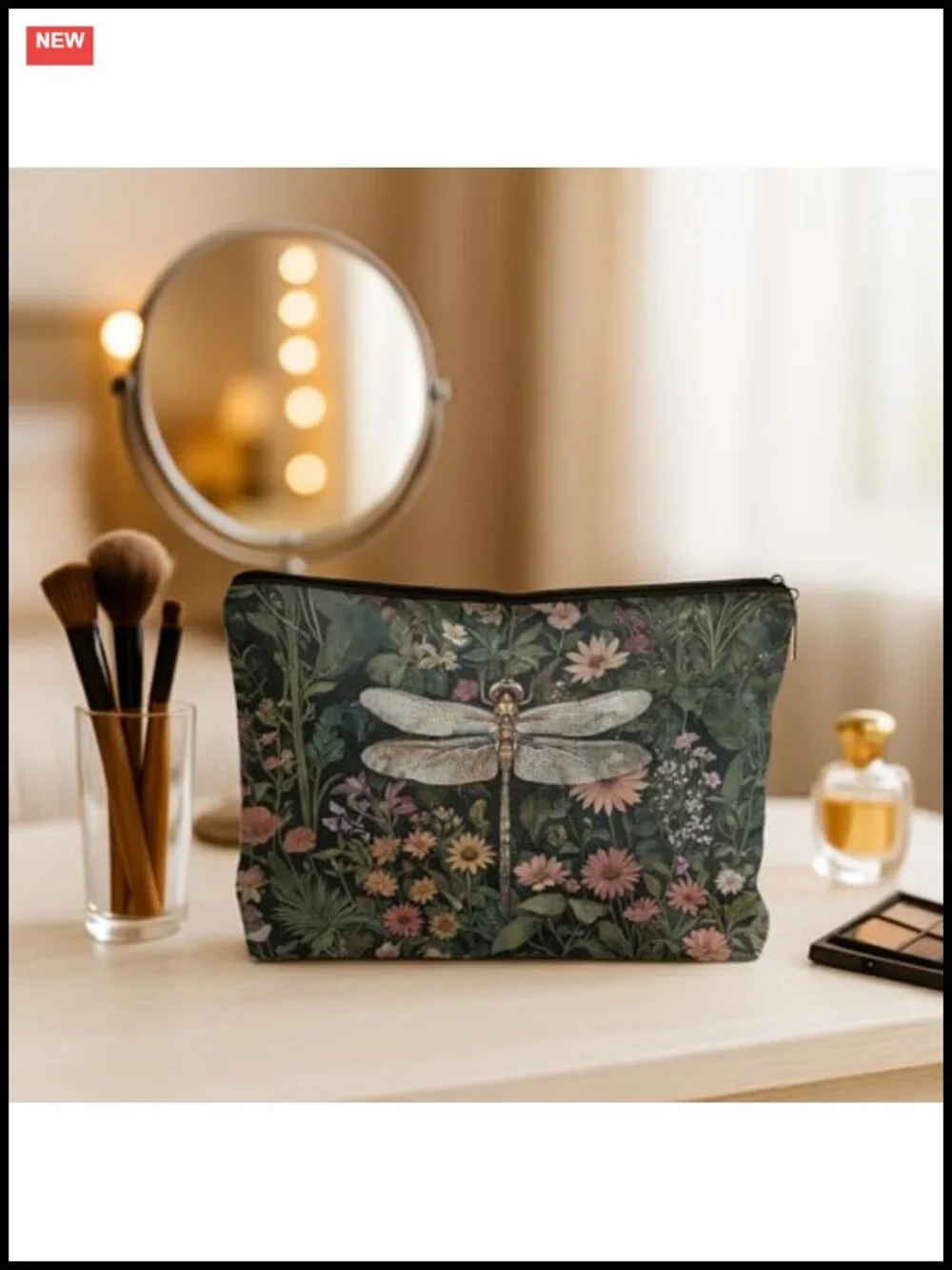 Spacious Waterproof Linen Makeup Bag with Floral Dragonfly Print, Cosmetic